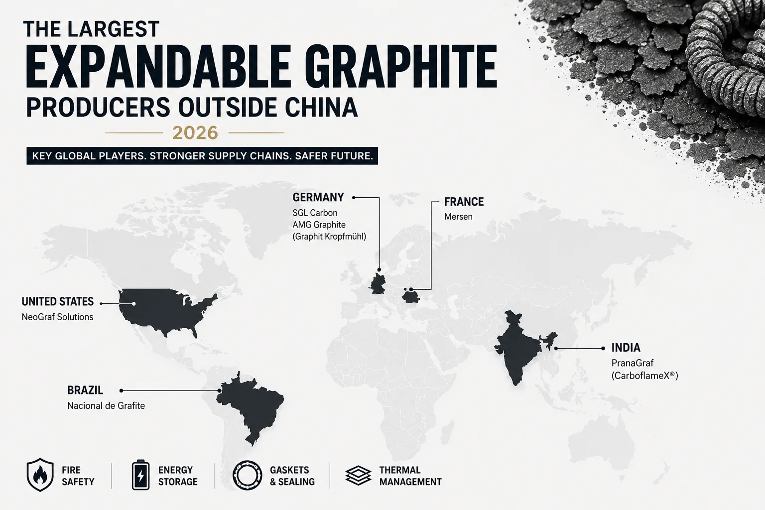 Weltkarte mit Blähgraphit-Herstellern außerhalb Chinas
